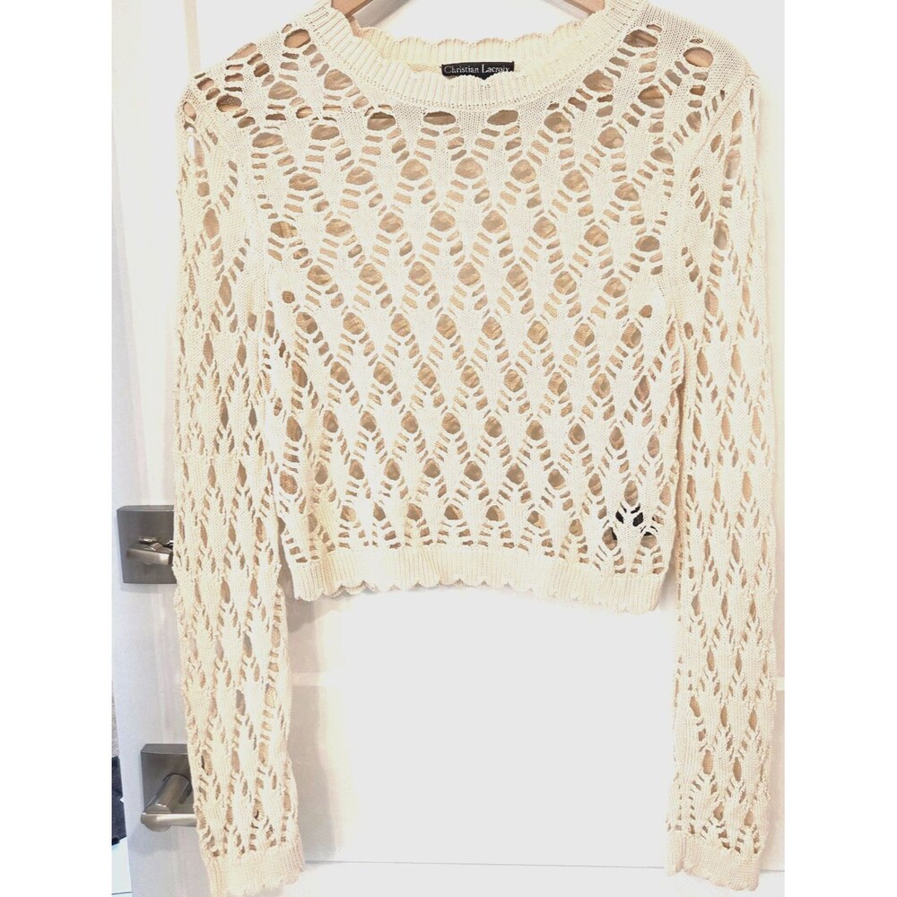 Christian Lacroix Open Knit Crochet Sweater Crop Top Beige Boho Cottagecore